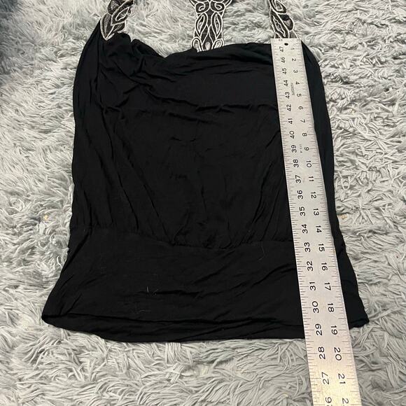 Vintage Y2K Black Twenty One Silver Embroidered Racerback Draped Black Tank Top - Picture 3 of 6